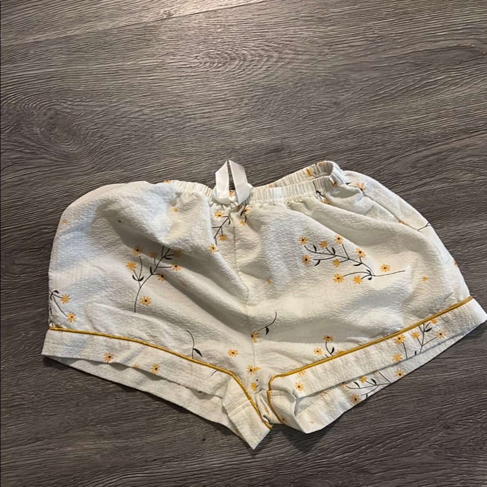 Yellow and Cream Pajama Shorts with Ruffle Detail